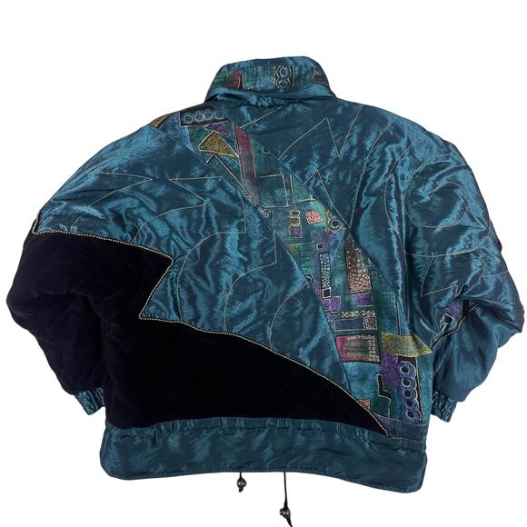 Vintage 90s Velvet Abstract Jacket XL | Teal Green Quilted Art Deco Statement - Picture 6 of 14